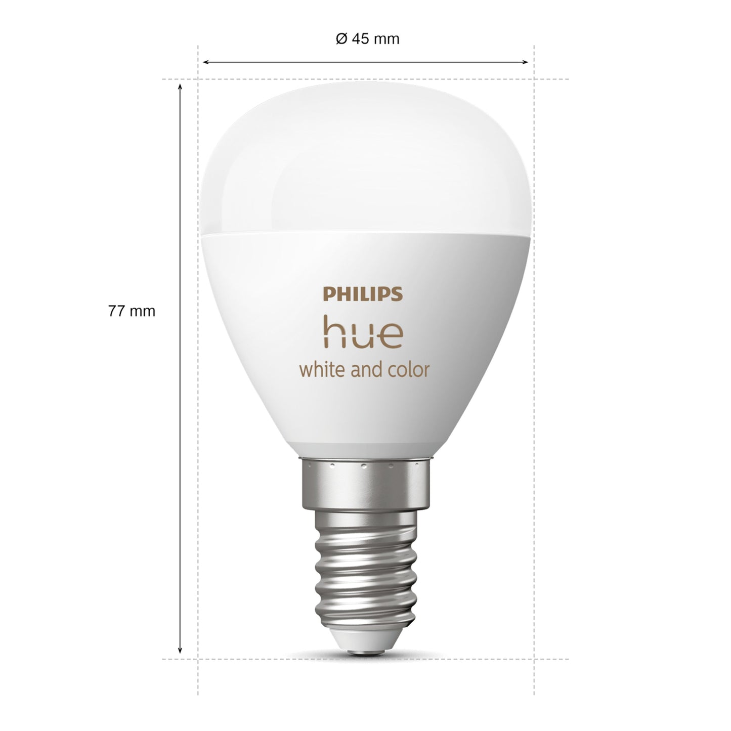 Philips Hue Luster kuglelampe White and Color Ambiance E14 470 lm 2-pak, rund top, 77 mm høj, 45 mm i diameter, mål vises.