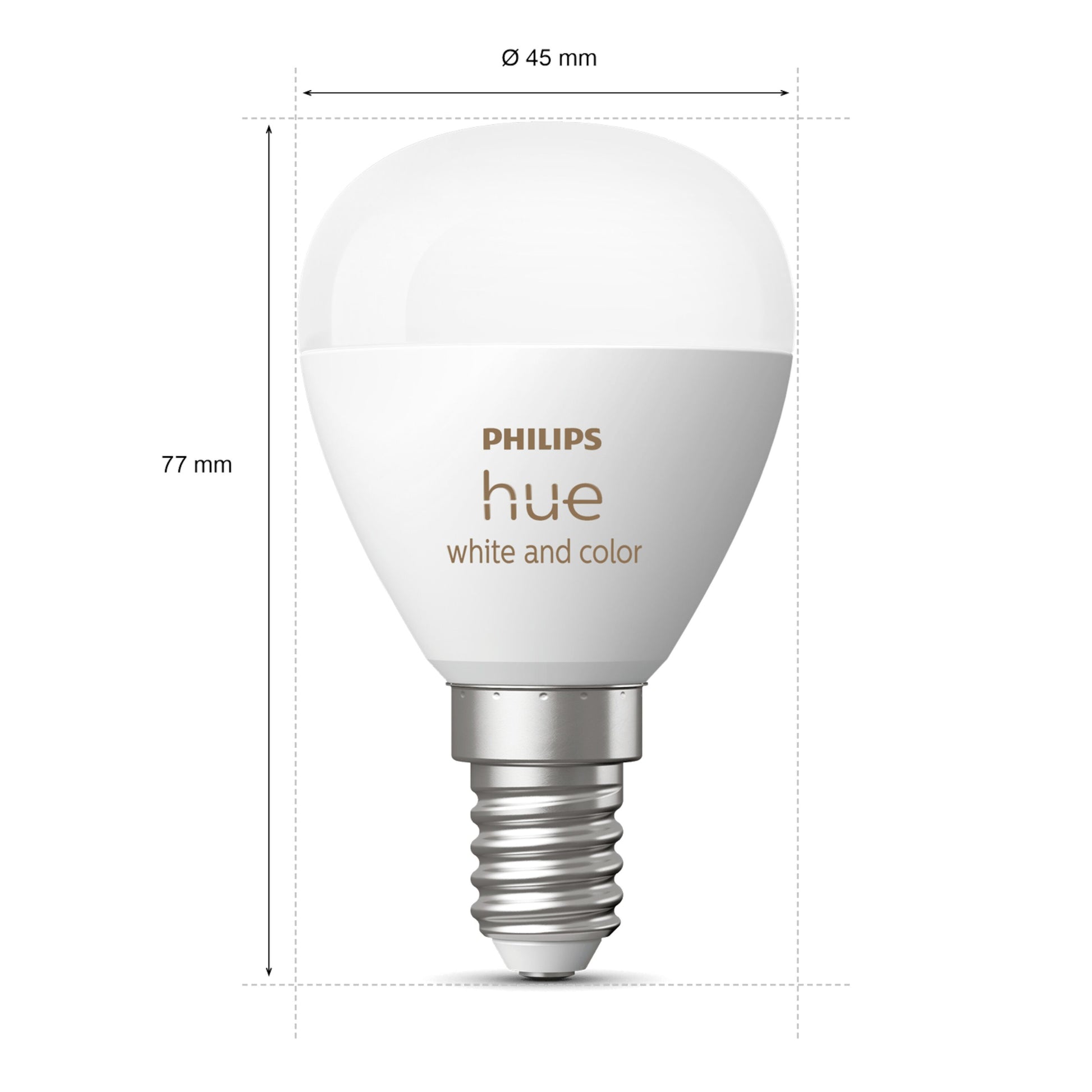 Philips Hue Luster kuglelampe White and Color Ambiance E14 470 lm 2-pak, rund top, 77 mm høj, 45 mm i diameter, mål vises.
