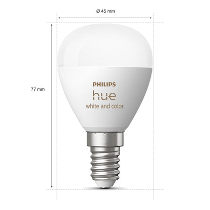 Philips Hue Luster kuglelampe White and Color Ambiance E14 470 lm 2-pak, rund top, 77 mm høj, 45 mm i diameter, mål vises.