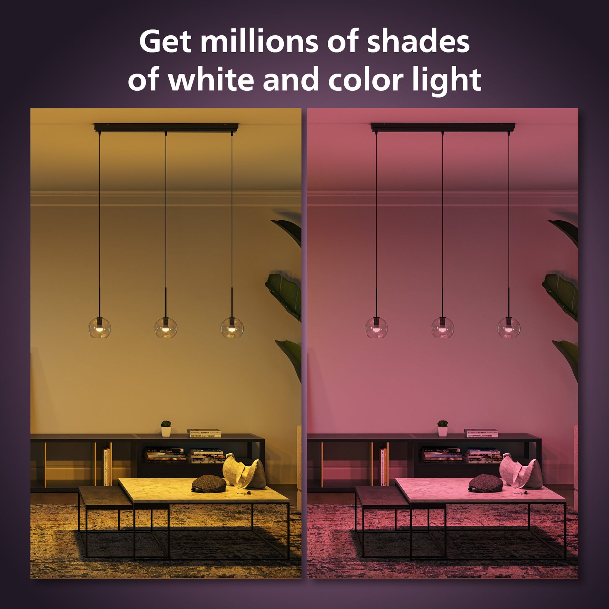 Philips Hue Luster Kuglelampe White and Color Ambiance E14 470 lm tre stk, venstre varm gul, højre pink-rød lys, tekst med navn.
