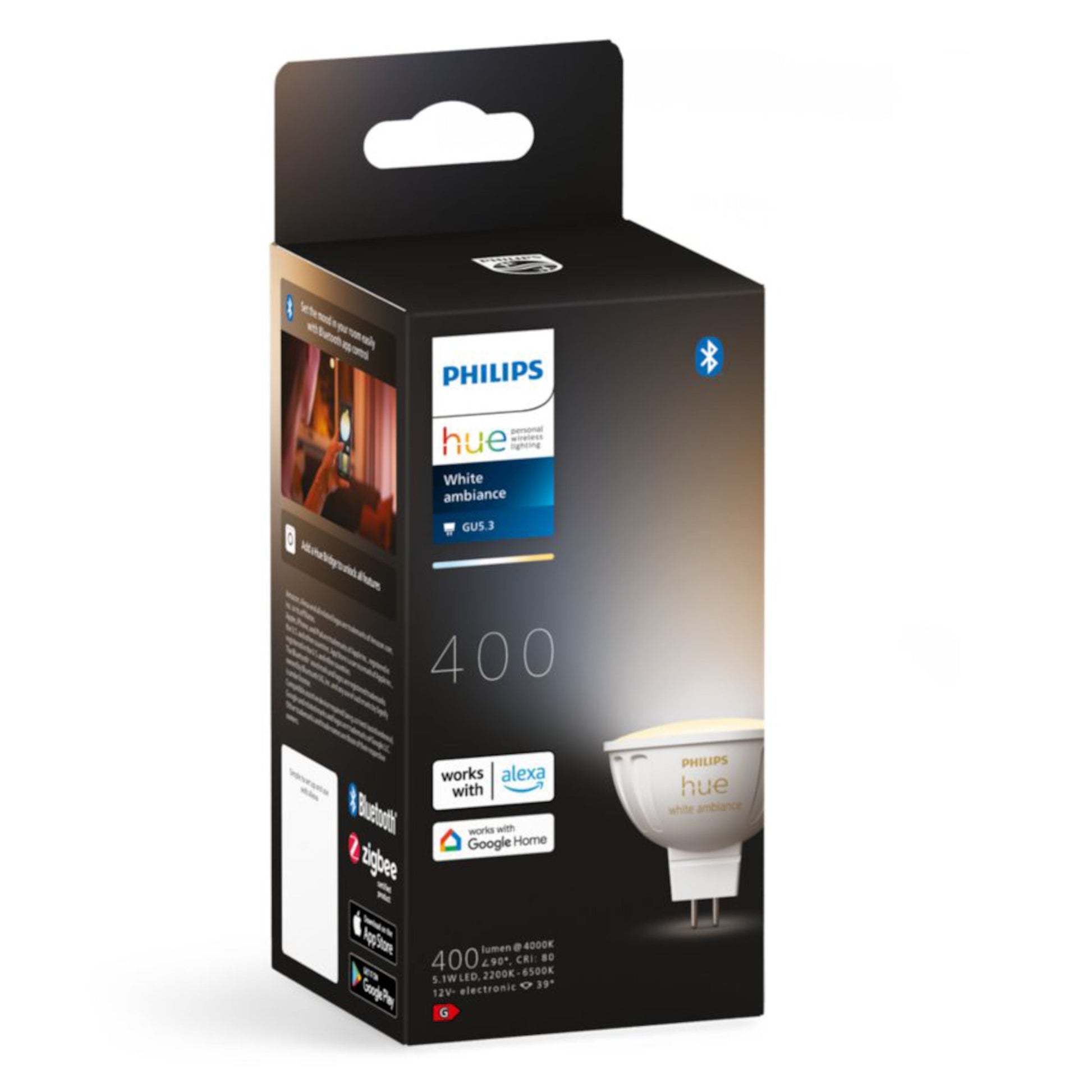 Philips Hue White Ambiance MR16 LED-pære 400 lm i emballage med Alexa, Google Home og Bluetooth kompatibilitet.