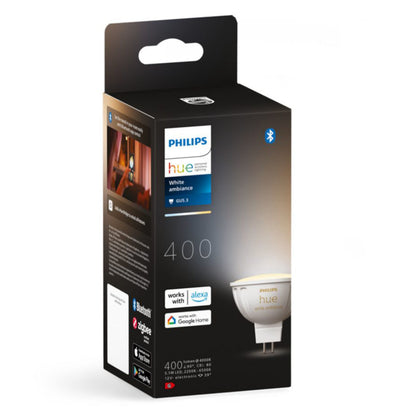 Philips Hue White Ambiance MR16 LED-pære 400 lm i emballage med Alexa, Google Home og Bluetooth kompatibilitet.
