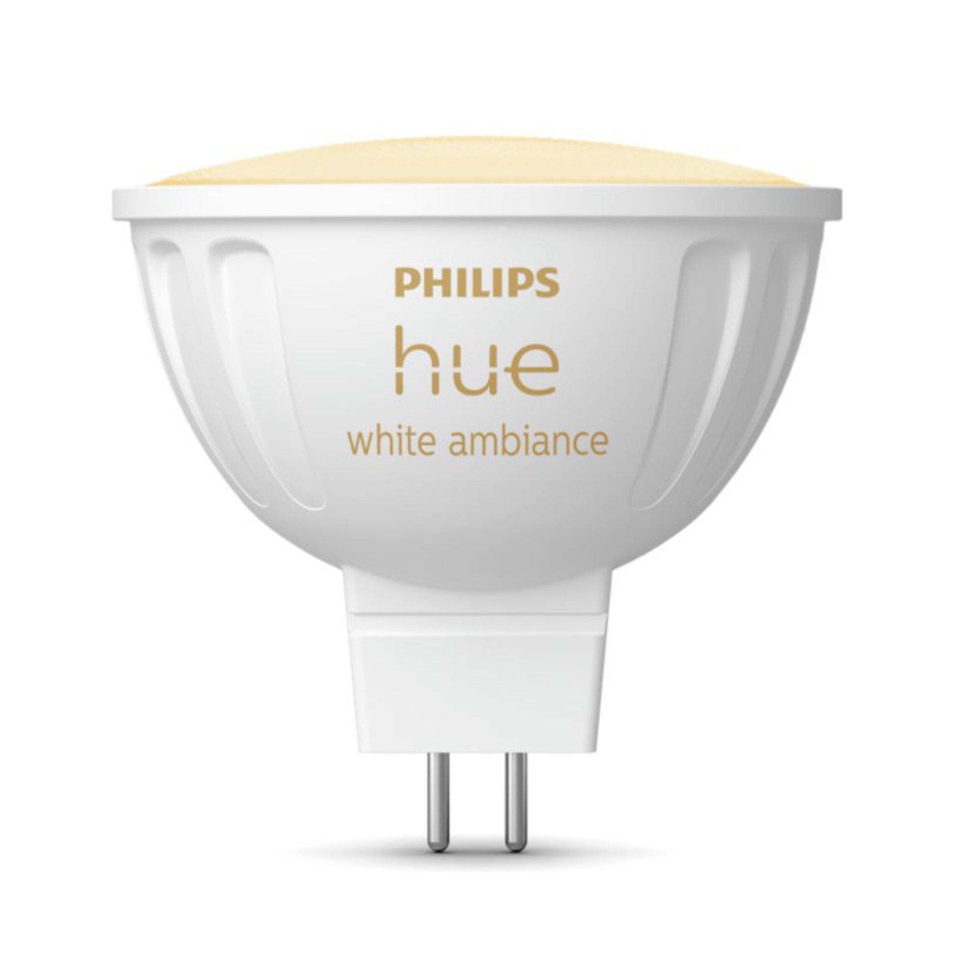 Philips Hue White Ambiance MR16 400 lm smart LED-pære med GU5.3 sokkel og guldtryk af Philips Hue-logo og navn.