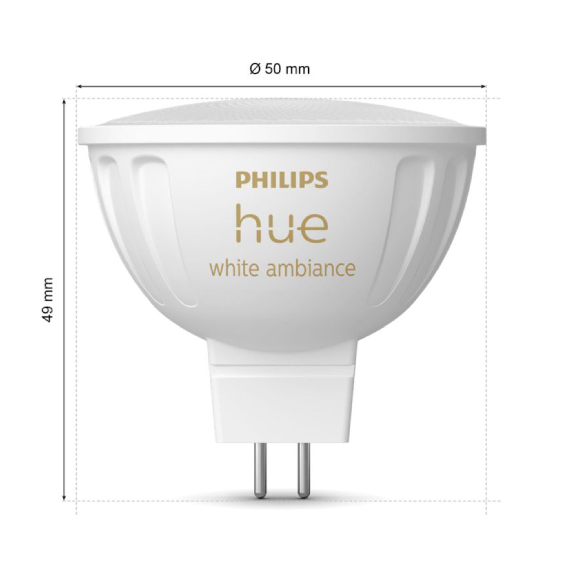 Philips Hue White Ambiance MR16 LED-pære 400 lm GU5.3, diameter 50 mm, højde 49 mm.