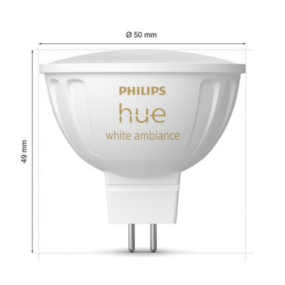 Philips Hue White Ambiance MR16 LED-pære 400 lm GU5.3, diameter 50 mm, højde 49 mm.