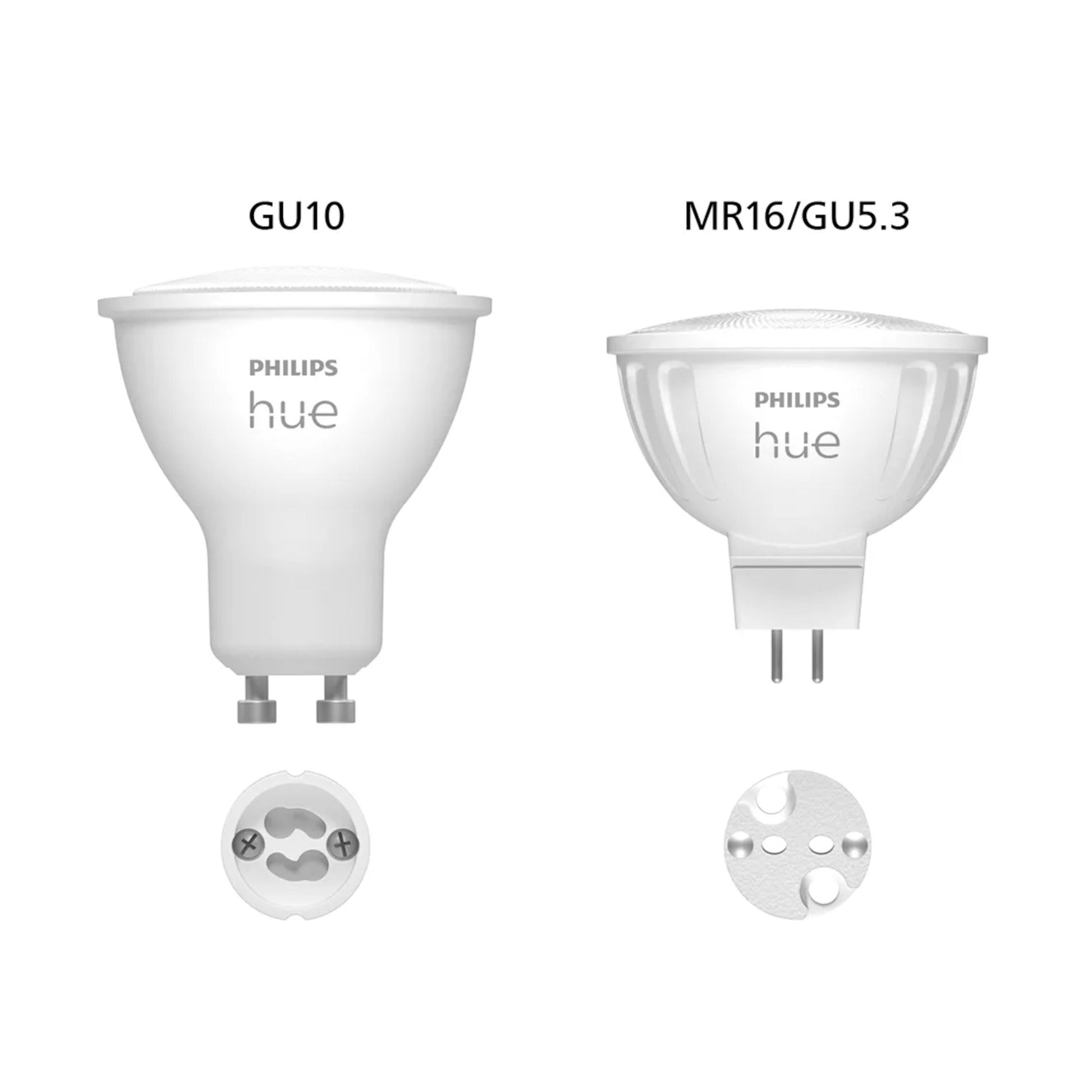 Philips Hue GU10 twist-lock og Philips Hue White Ambiance MR16 400 lm to ben, basevisning af begge LED-pærer.