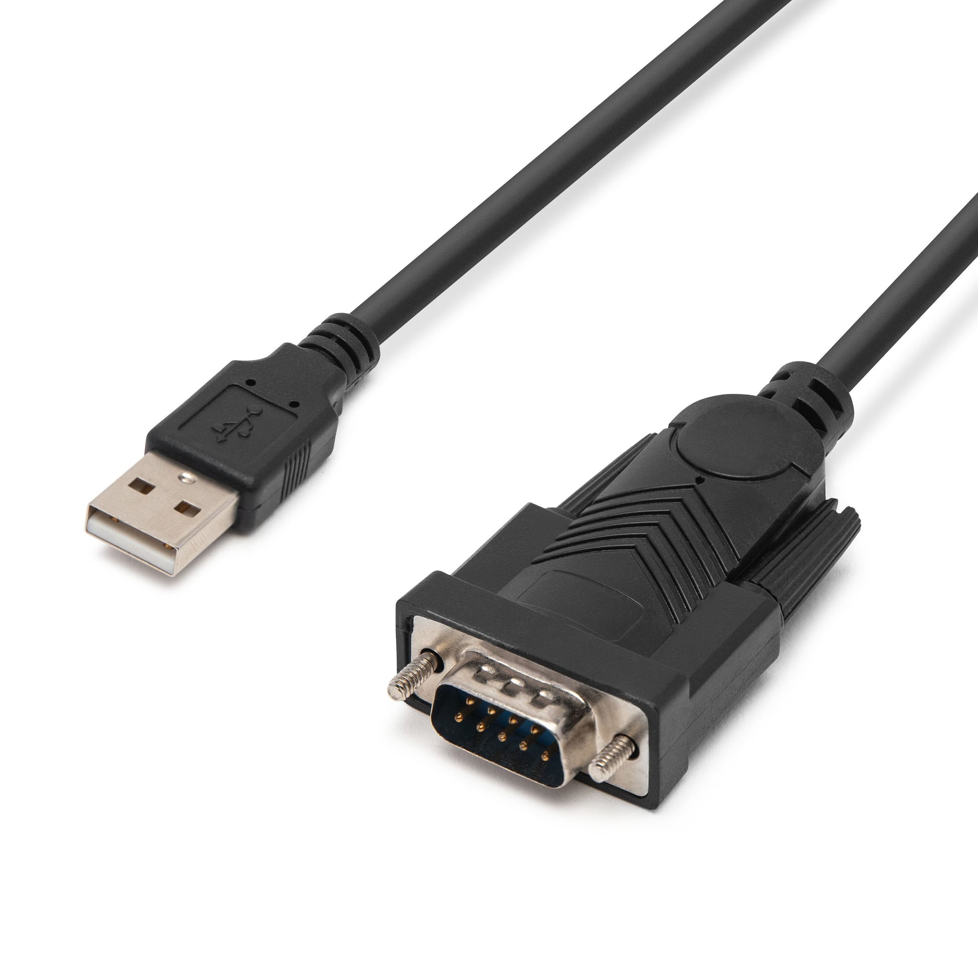 Plexgear Adapter USB-A til serielt, sort kabel med USB-A stik og DB9 RS-232 port.