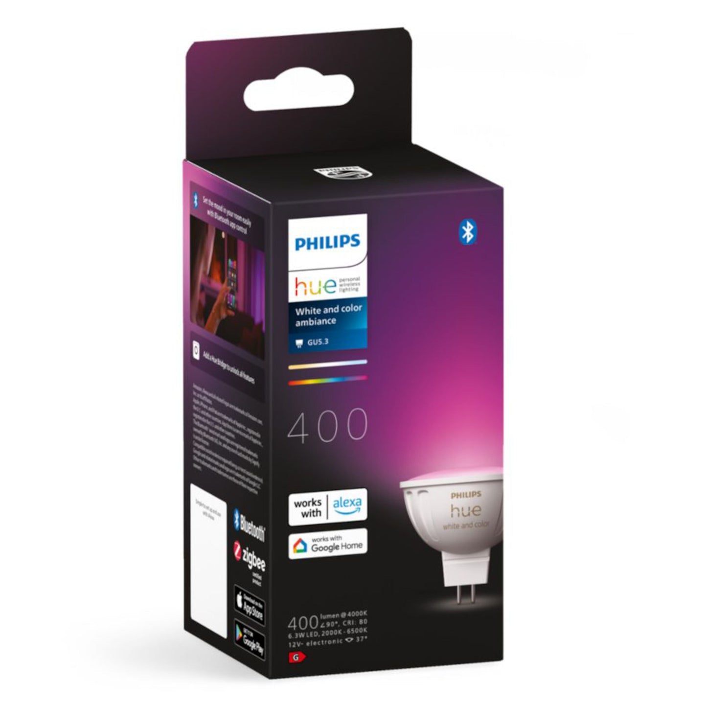 Philips Hue White and Color Ambiance MR16 400 lm smartpære med Bluetooth, Alexa, Apple HomeKit og Google Home.