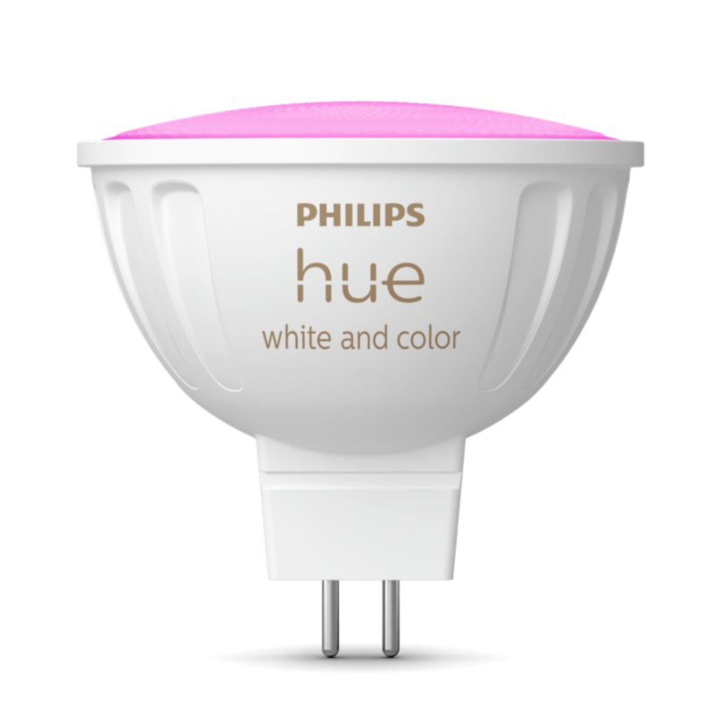 Philips Hue Hvid og Farveambiance MR16 smart LED pære 400 lm, hvid plast, to metalben, lyser i hvid og farver inkl. pink.