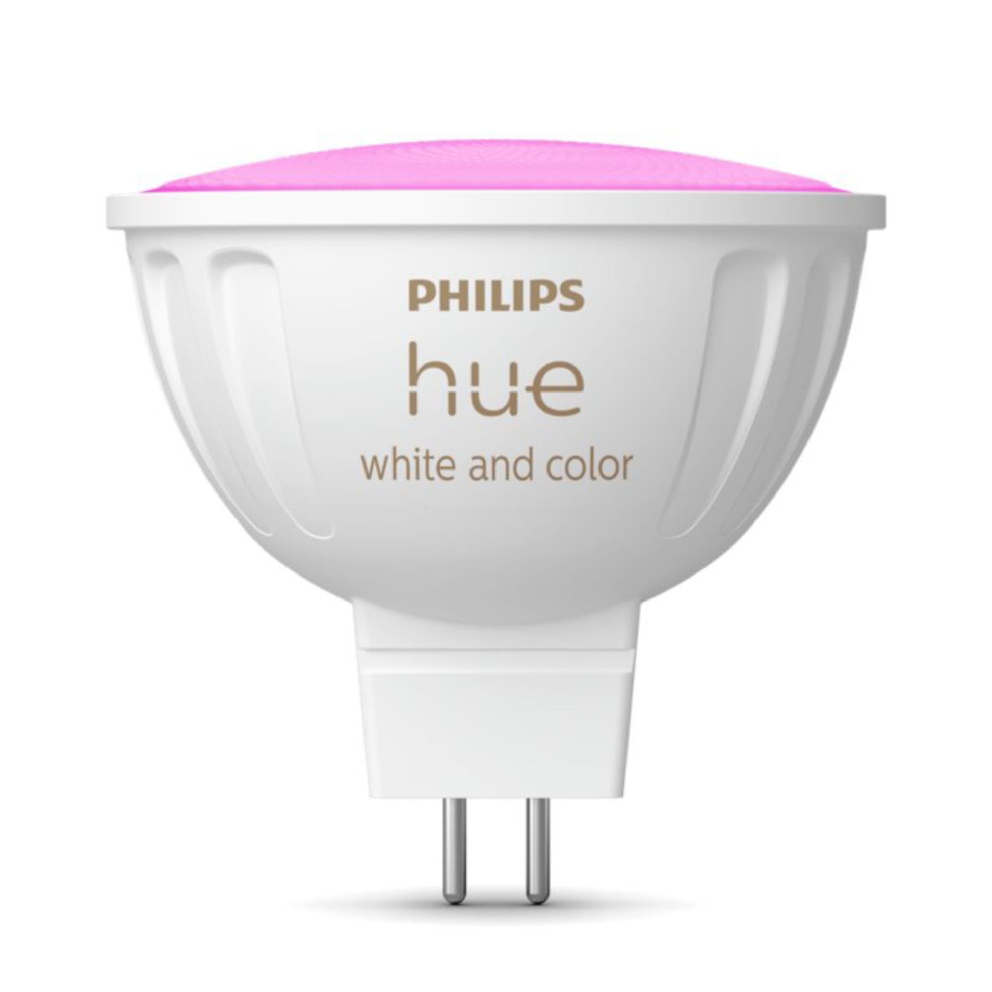 Philips Hue Hvid og Farveambiance MR16 smart LED pære 400 lm, hvid plast, to metalben, lyser i hvid og farver inkl. pink.