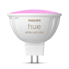 Philips Hue Hvid og Farveambiance MR16 smart LED pære 400 lm, hvid plast, to metalben, lyser i hvid og farver inkl. pink.