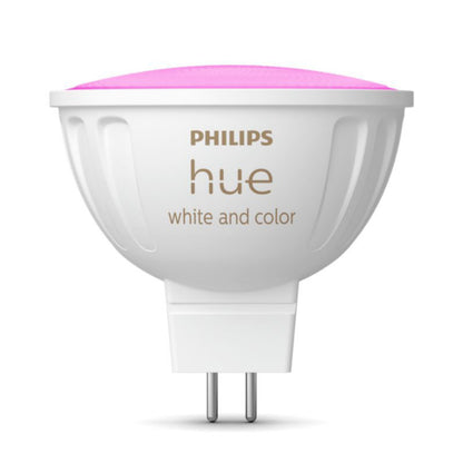 Philips Hue Hvid og Farveambiance MR16 smart LED pære 400 lm, hvid plast, to metalben, lyser i hvid og farver inkl. pink.