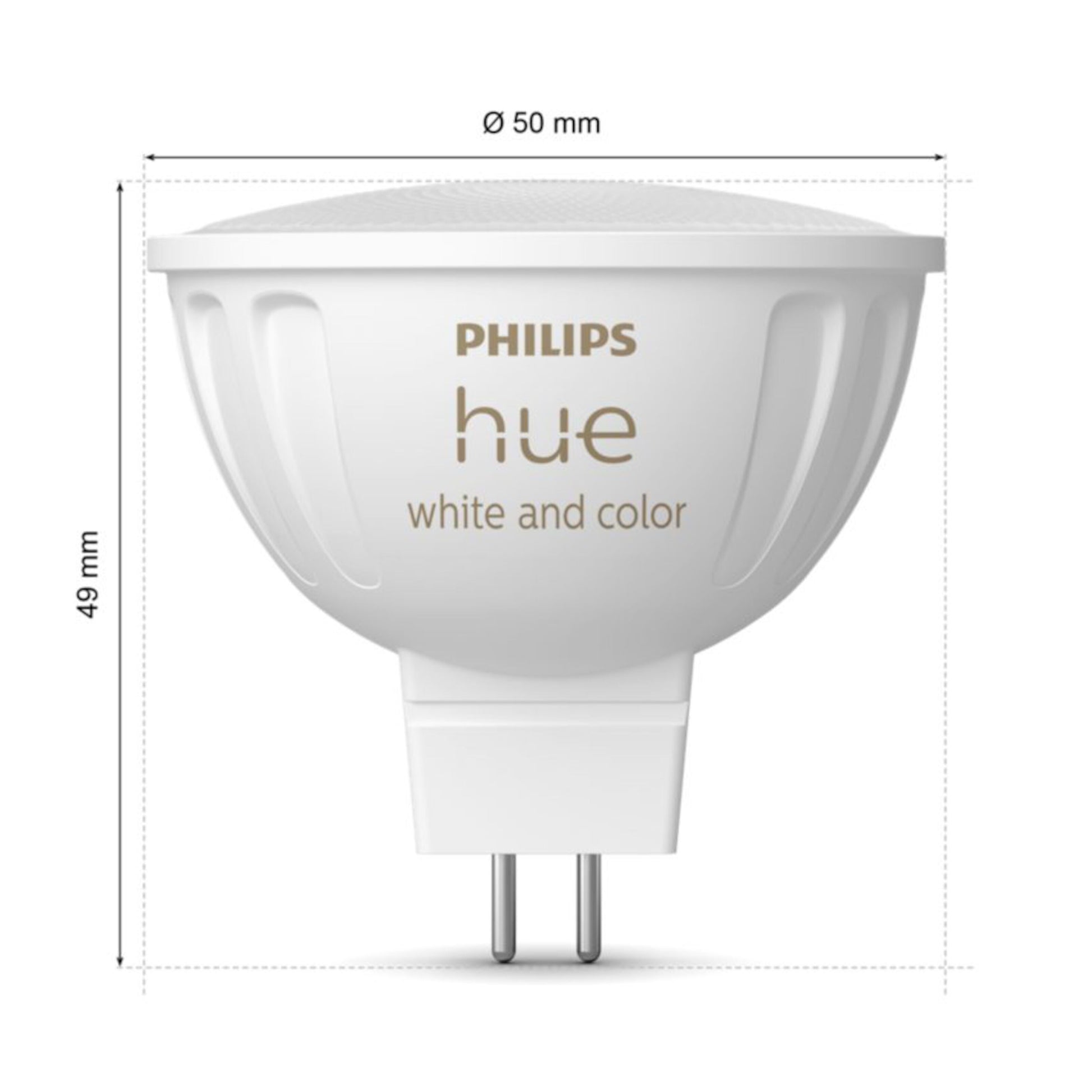 Philips Hue Hvid og farveambiance MR16 smart pære 400 lm GU5.3 sokkel 50 mm diameter 49 mm højde med trykt produktdata.