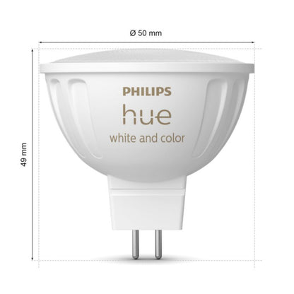 Philips Hue Hvid og farveambiance MR16 smart pære 400 lm GU5.3 sokkel 50 mm diameter 49 mm højde med trykt produktdata.