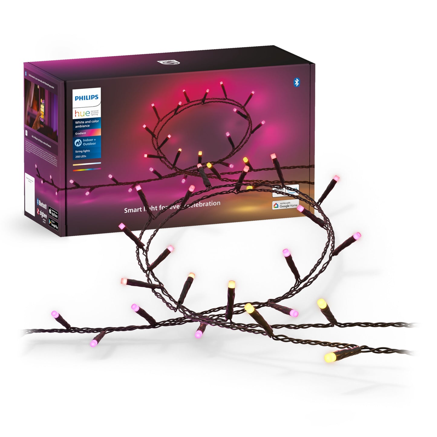 Philips Hue Festlig lyskæde 250 LED, pink og gule nuancer, emballage med produktnavn og billede af lyskæden i brug.