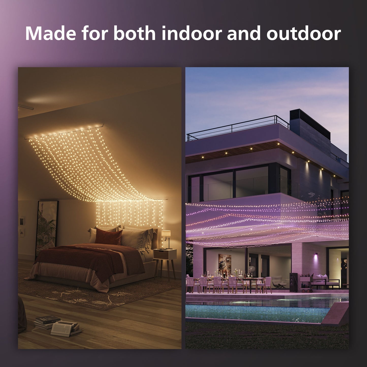 Philips Hue Festlig lyskæde 250 LED, farvegradient, indendørs over seng og udendørs over terrasse og pool, "Made for both indoor and outdoor.