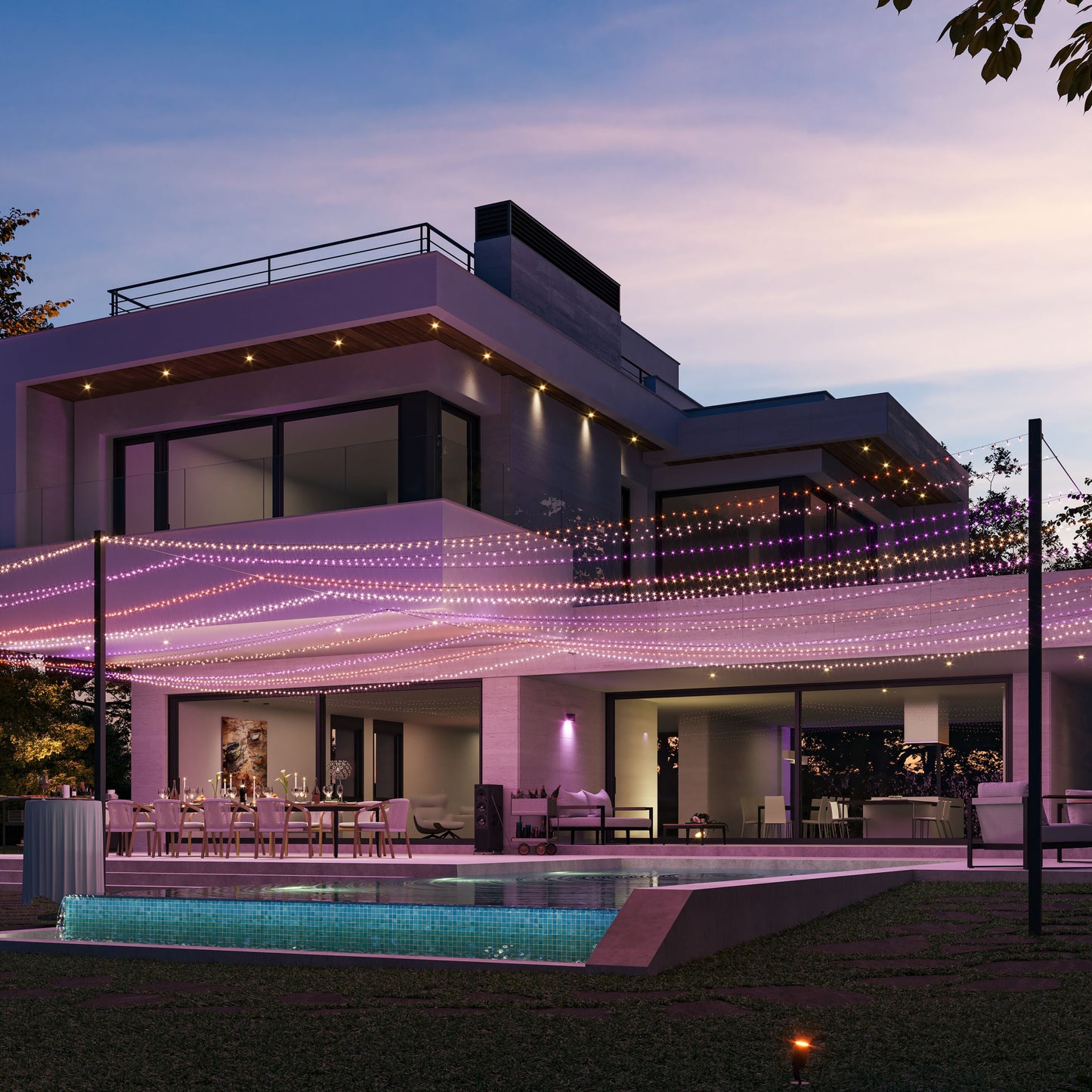 Philips Hue Festlig lyskæde 250 LED på terrasse ved pool og spiseområde, monteret under træer, udendørs brug.
