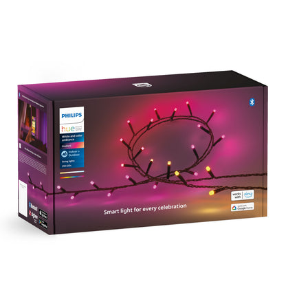 Philips Hue Festlig lyskæde 250 LED, Bluetooth, smart home, lyser i pink-gul-orange nuancer på æsken.