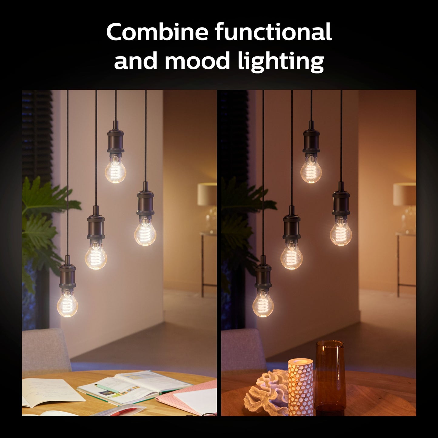 Philips Hue Filament A60 E27 Smart LED-pære 550 lm, viser klart lys til arbejde og varmt lys i hyggestemning.