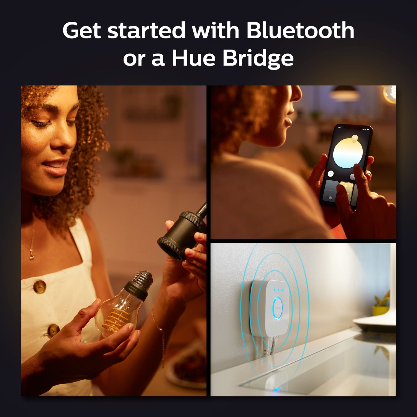 Philips Hue Filament A60 E27 Smart LED-pære 550 lm installeres, styres via smartphone, Hue Bridge sender blå bølger.