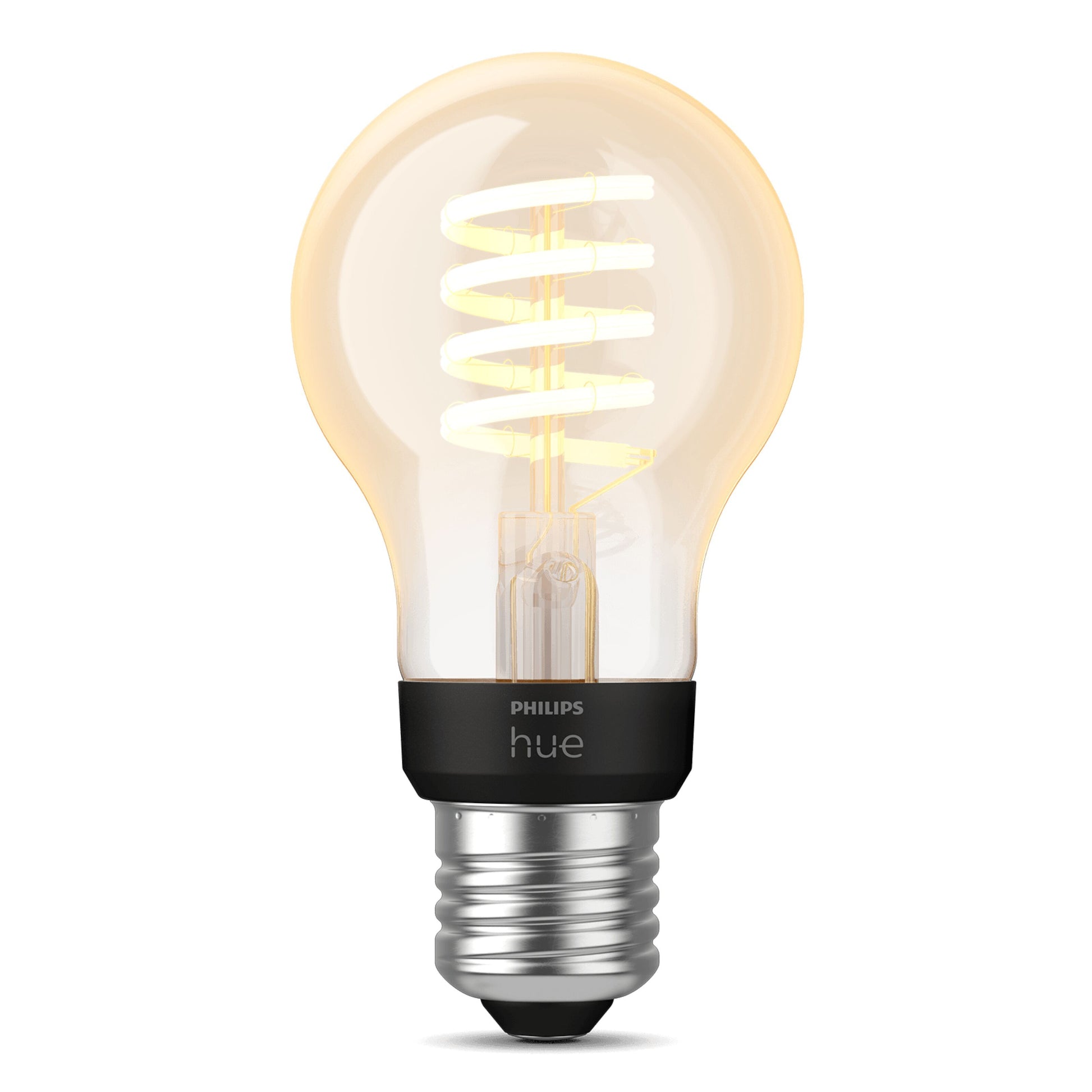 Philips Hue Filament A60 E27 Smart LED-pære 550 lm synlig spiral glødetråd klar glas sort/sølv sokkel logo på base.