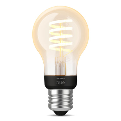 Philips Hue Filament A60 E27 Smart LED-pære 550 lm synlig spiral glødetråd klar glas sort/sølv sokkel logo på base.
