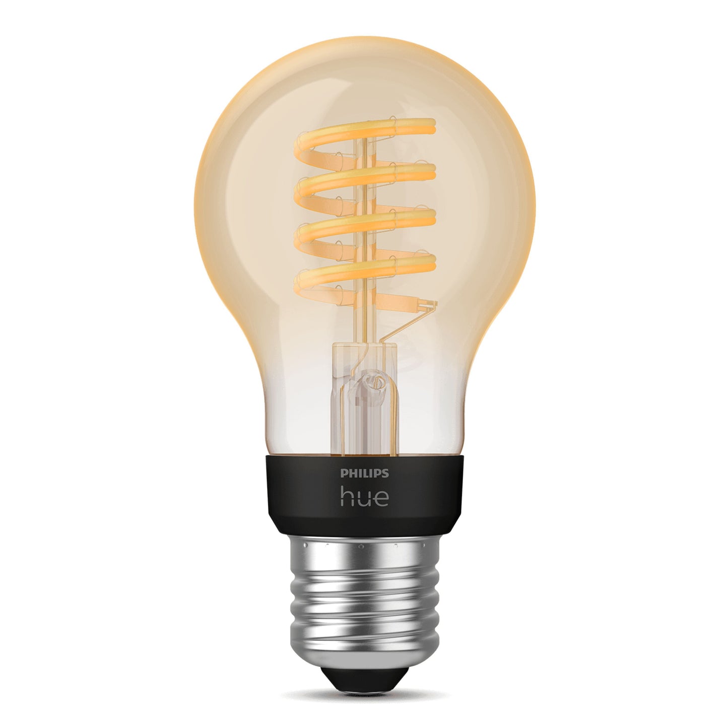 Philips Hue Filament A60 E27 Smart LED-pære 550 lm, synlig spiral glødetråd, varm ravfarve, sort sokkel, standard fatning.