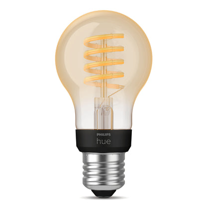 Philips Hue Filament A60 E27 Smart LED-pære 550 lm, synlig spiral glødetråd, varm ravfarve, sort sokkel, standard fatning.