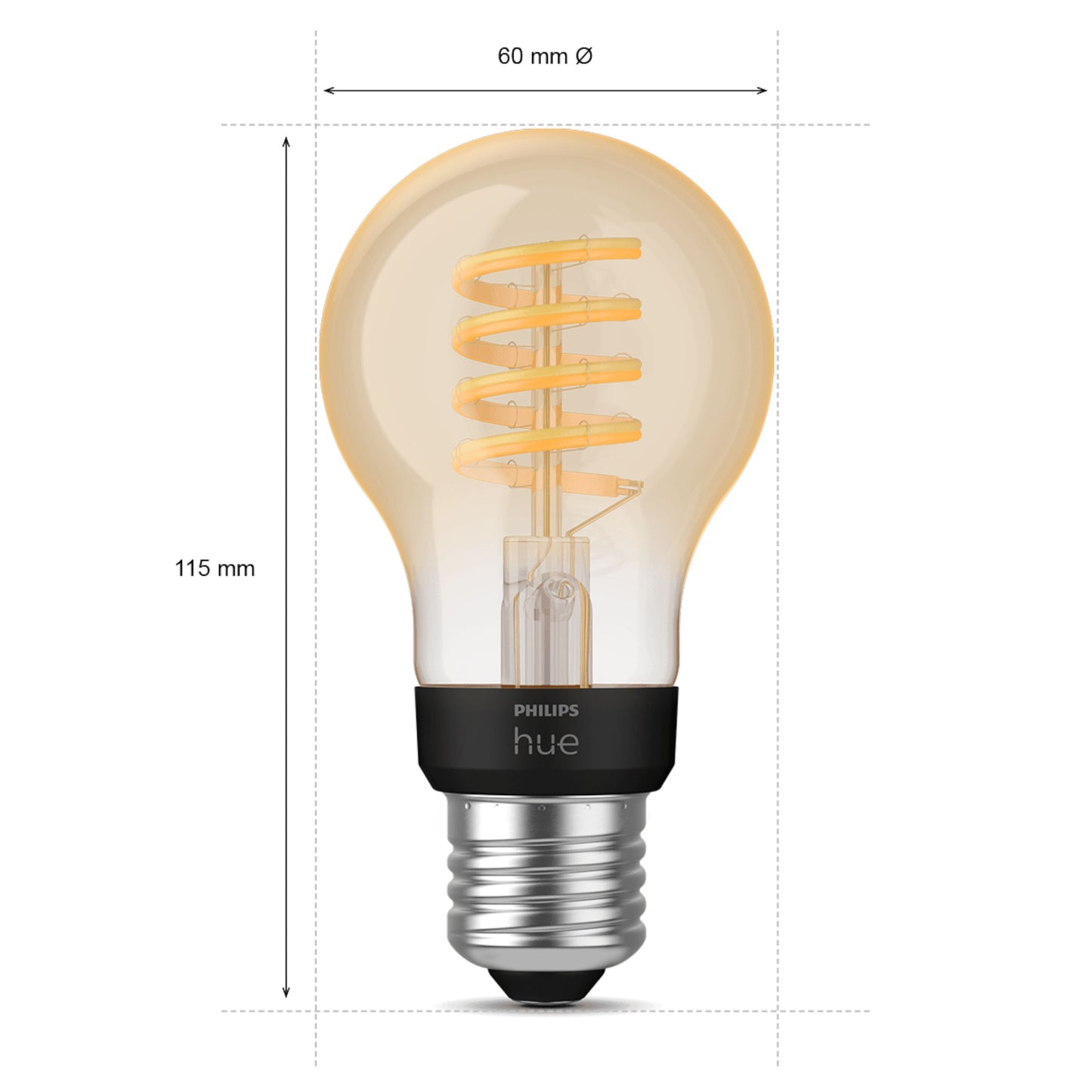 Philips Hue Filament A60 E27 Smart LED-pære 550 lm, spiral, 60x115 mm, varm ravfarvet lys, sølvfarvet skruefatning.