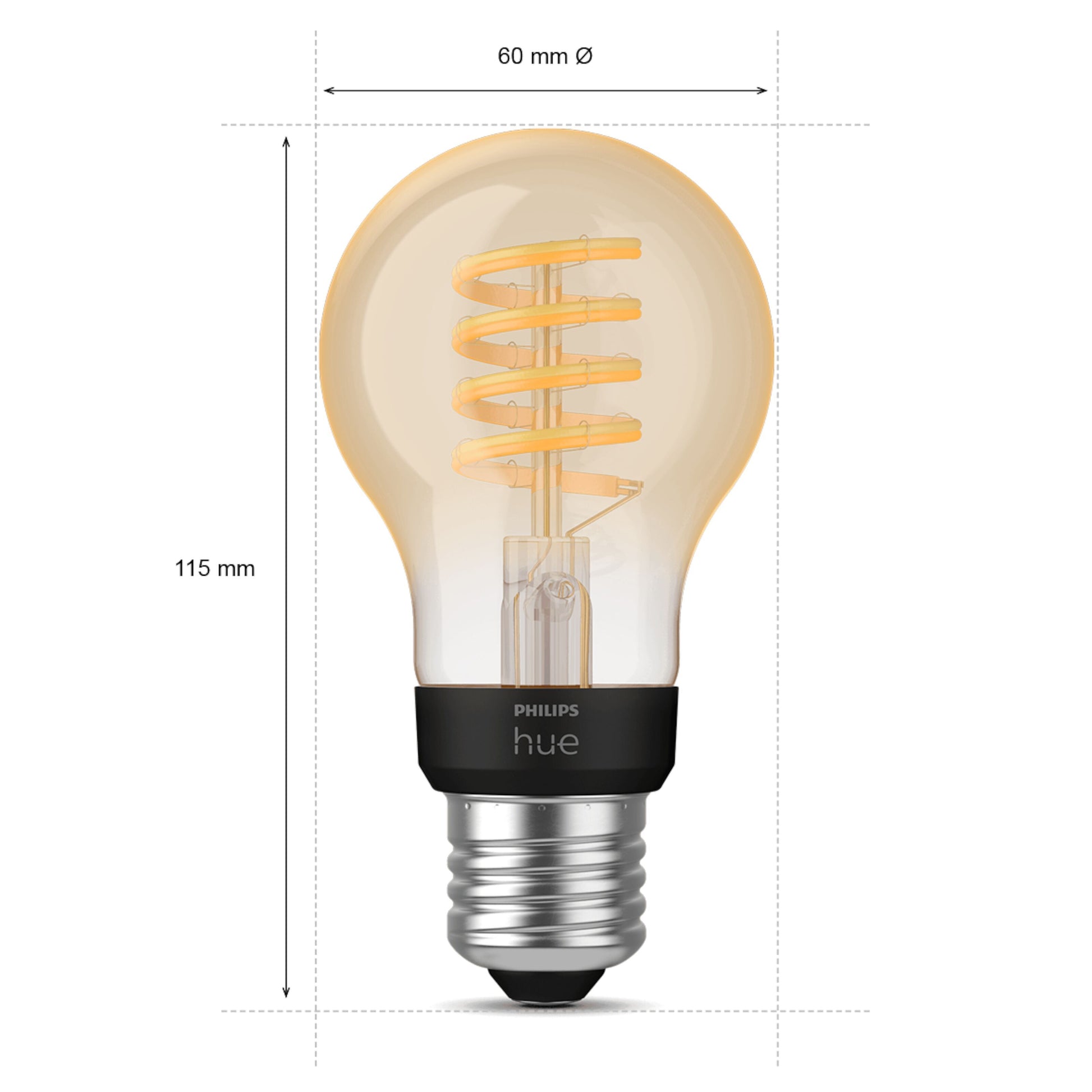 Philips Hue Filament A60 E27 Smart LED-pære 550 lm, spiral, 60x115 mm, varm ravfarvet lys, sølvfarvet skruefatning.