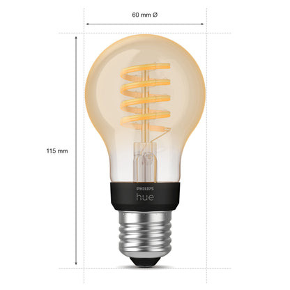 Philips Hue Filament A60 E27 Smart LED-pære 550 lm, spiral, 60x115 mm, varm ravfarvet lys, sølvfarvet skruefatning.