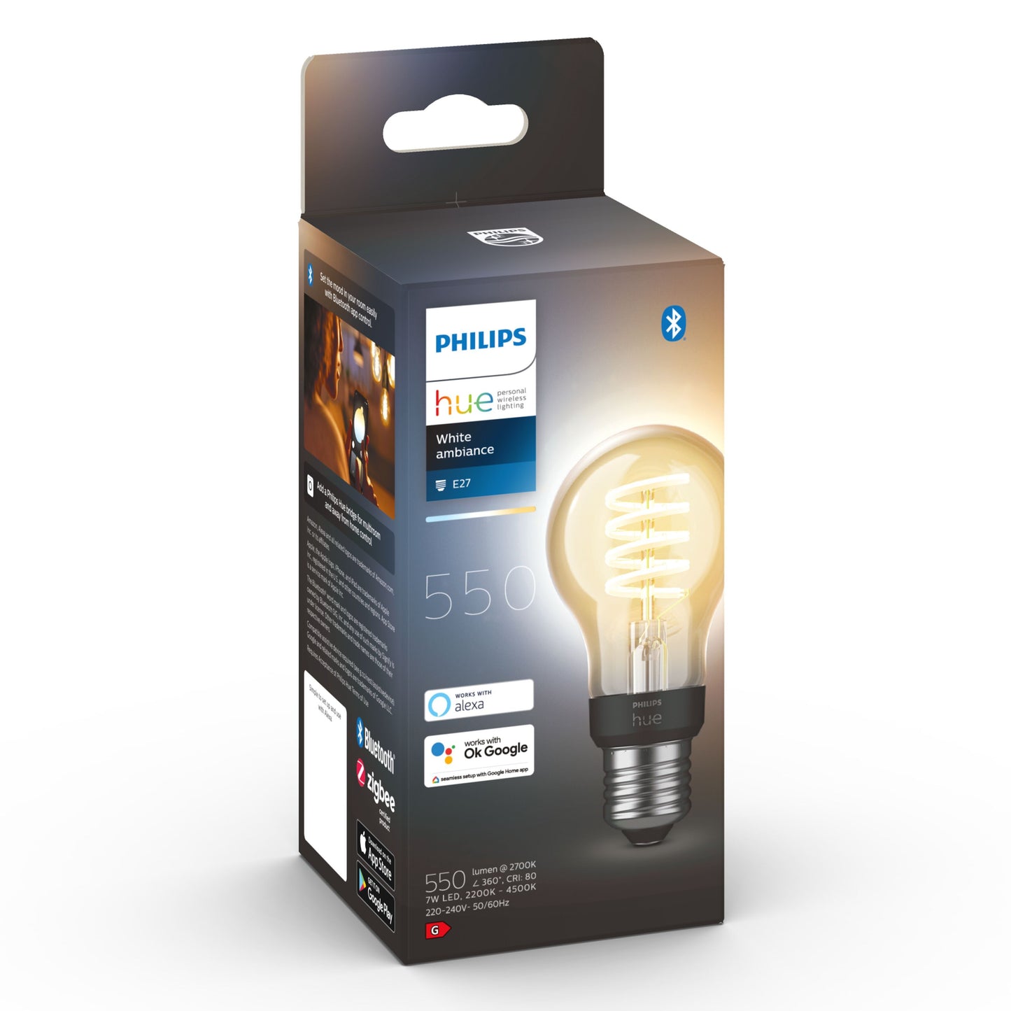 Philips Hue Filament A60 E27 smart LED-pære 550 lm i emballage, Bluetooth, Alexa/Google Assistant vises, varm glød.