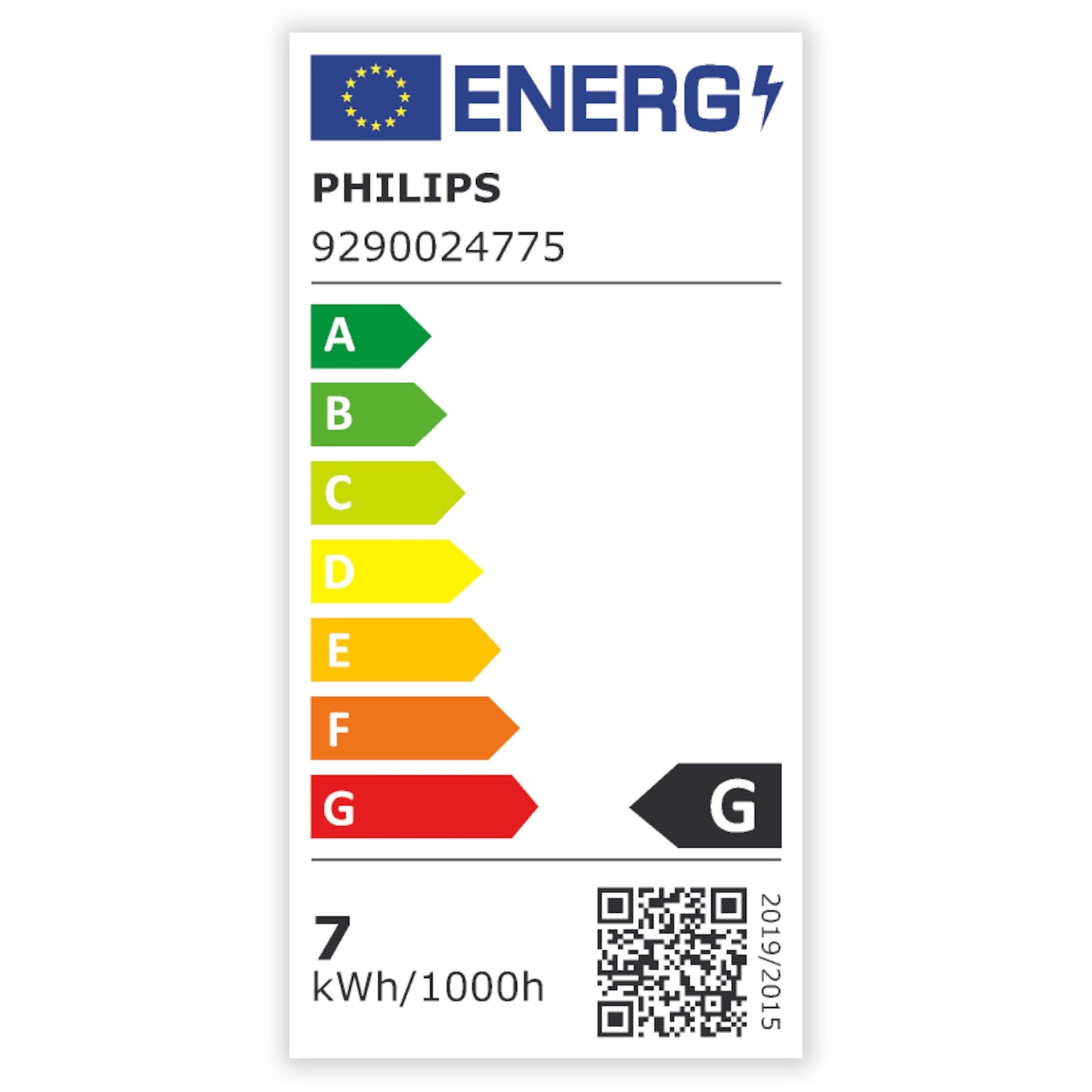 Energimærke til Philips Hue Filament A60 E27 Smart LED-pære 550 lm G, 7 kWh/1000h, QR-kode og EU-flag øverst.