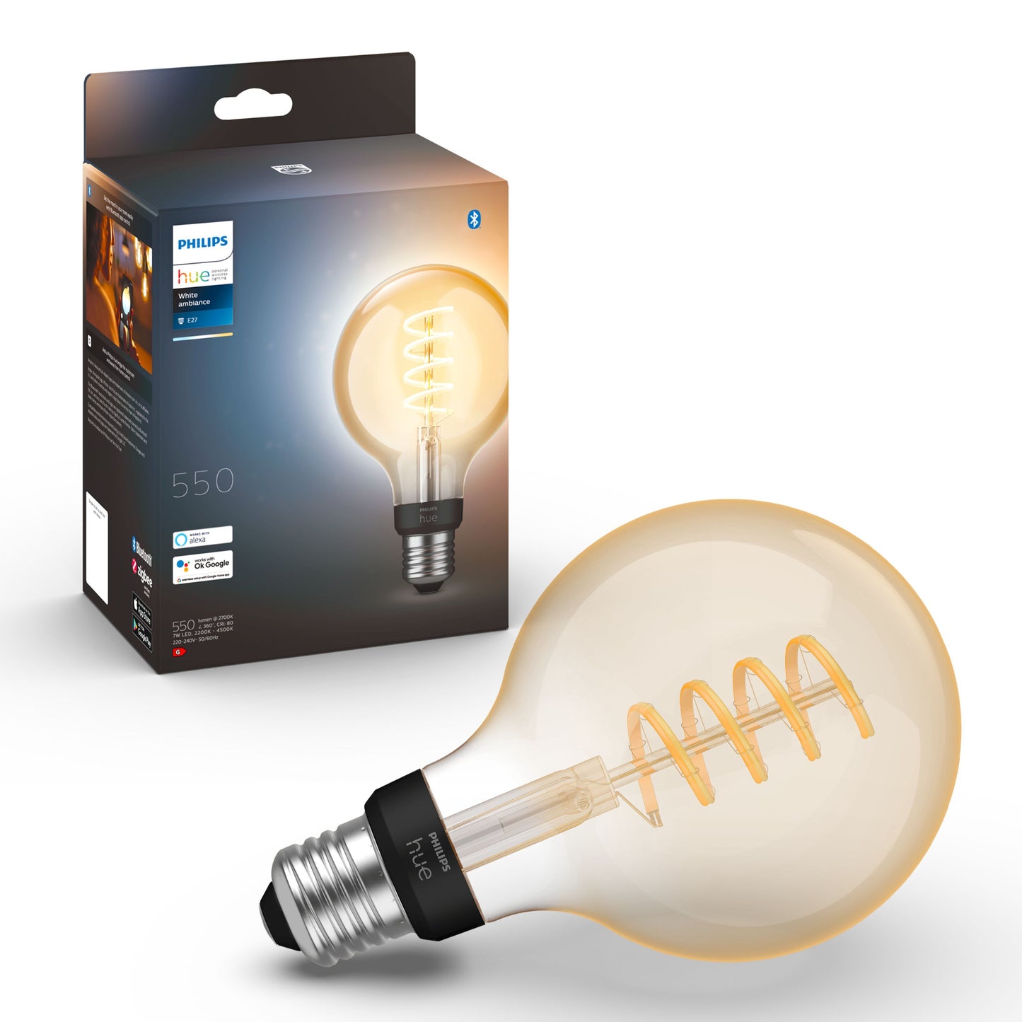 Philips Hue Filament G93 E27 Smart LED-pære 550 lm foran æske med Bluetooth og smart home symboler.