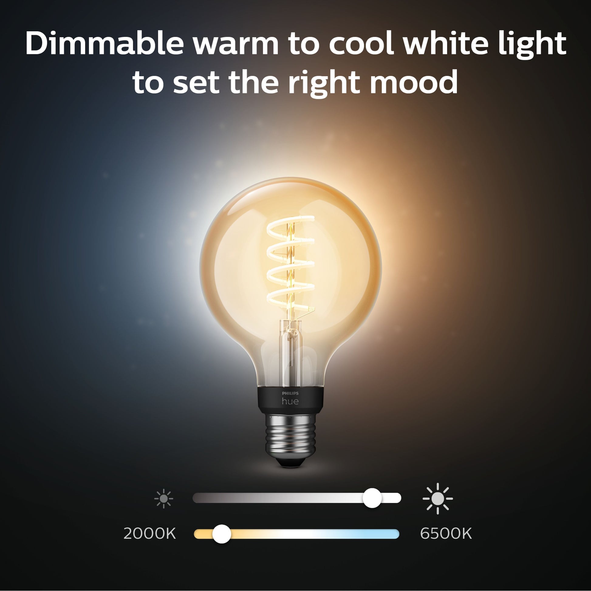Philips Hue Filament G93 E27 Smart LED-pære 550 lm, dæmpbar hvidt lys 2000K-6500K.