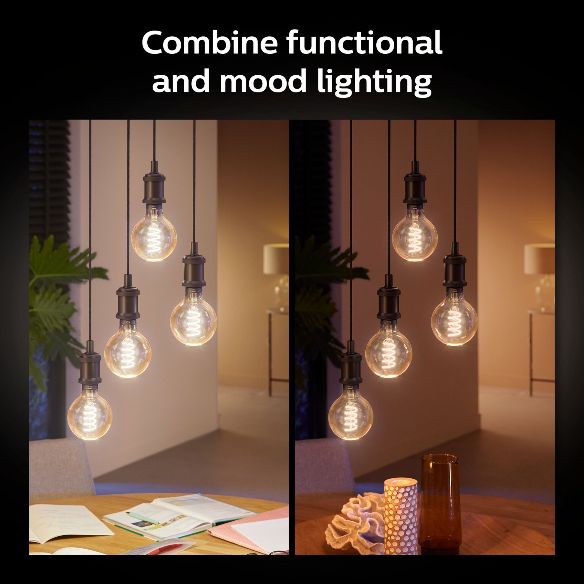 Philips Hue Filament G93 E27 Smart LED-pære 550 lm over bord, én kraftig belysning, én dæmpet belysning.