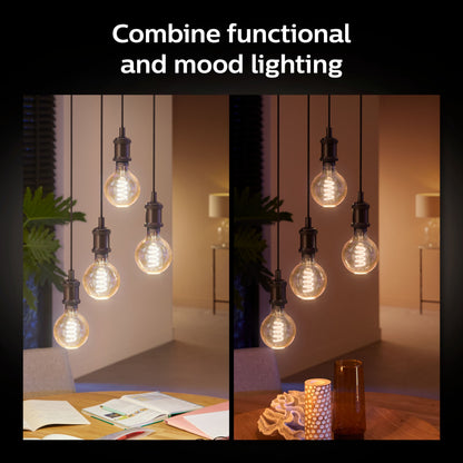 Philips Hue Filament G93 E27 Smart LED-pære 550 lm over bord, én kraftig belysning, én dæmpet belysning.