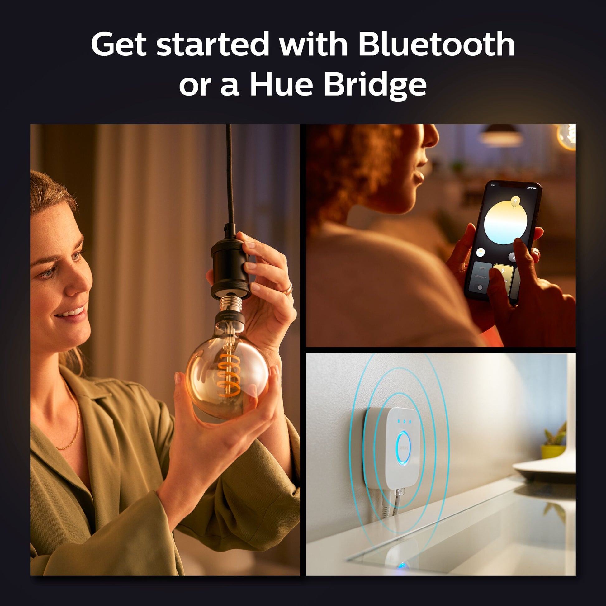 Philips Hue Filament G93 E27 Smart LED-pære 550 lm installeres, styres via smartphone, tekst: Kom i gang med Bluetooth eller Hue Bridge.