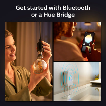 Philips Hue Filament G93 E27 Smart LED-pære 550 lm installeres, styres via smartphone, tekst: Kom i gang med Bluetooth eller Hue Bridge.