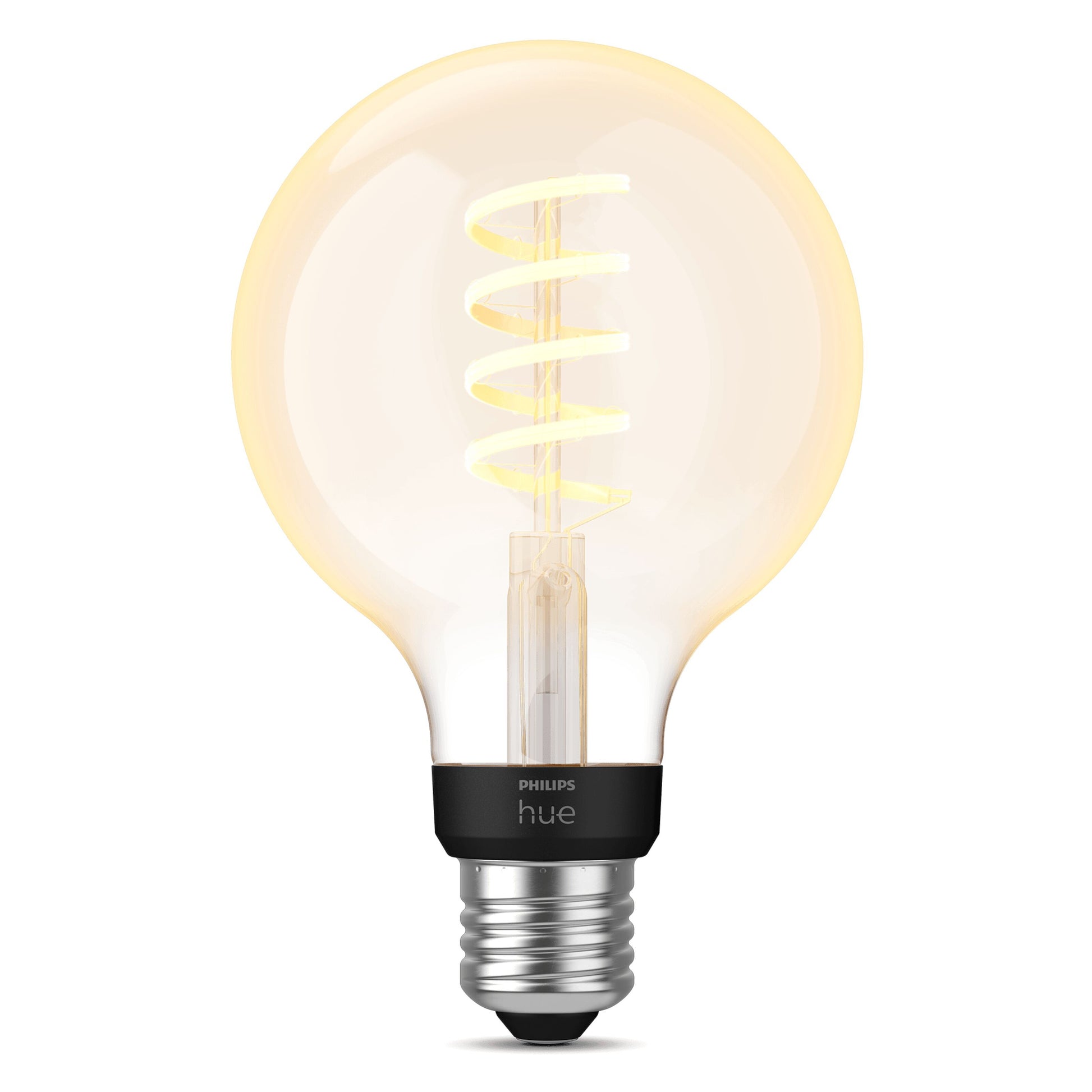 Philips Hue Filament G93 E27 smart LED-pære 550 lm, klar rund pære med synlig spiral glødetråd, varm gul, sølv E27 sokkel.