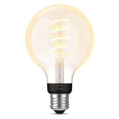 Philips Hue Filament G93 E27 smart LED-pære 550 lm, klar rund pære med synlig spiral glødetråd, varm gul, sølv E27 sokkel.