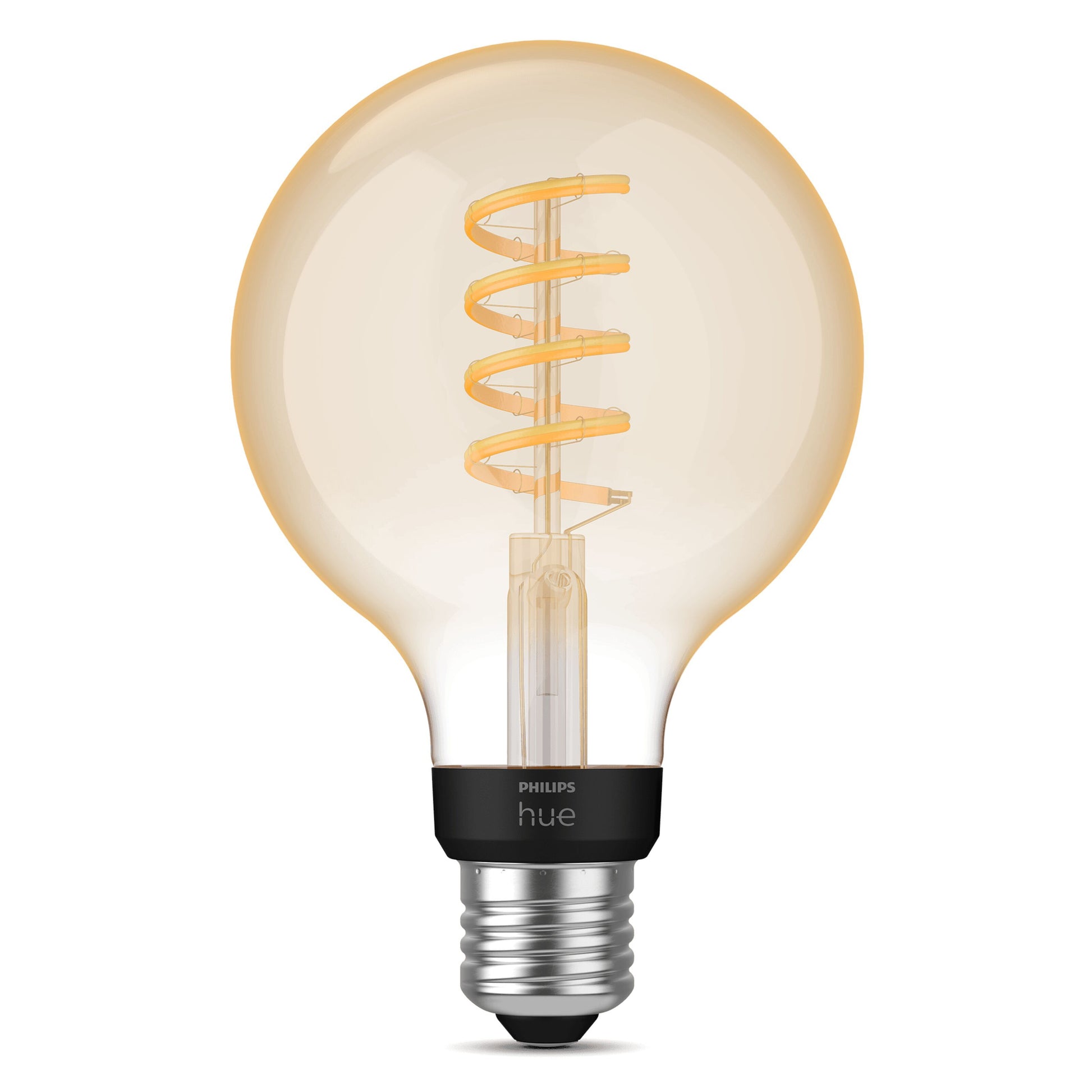 Philips Hue Filament G93 E27 LED 550 lm med synlig gul spiral, klart glas, sølv sokkel og sort Philips Hue-bånd.