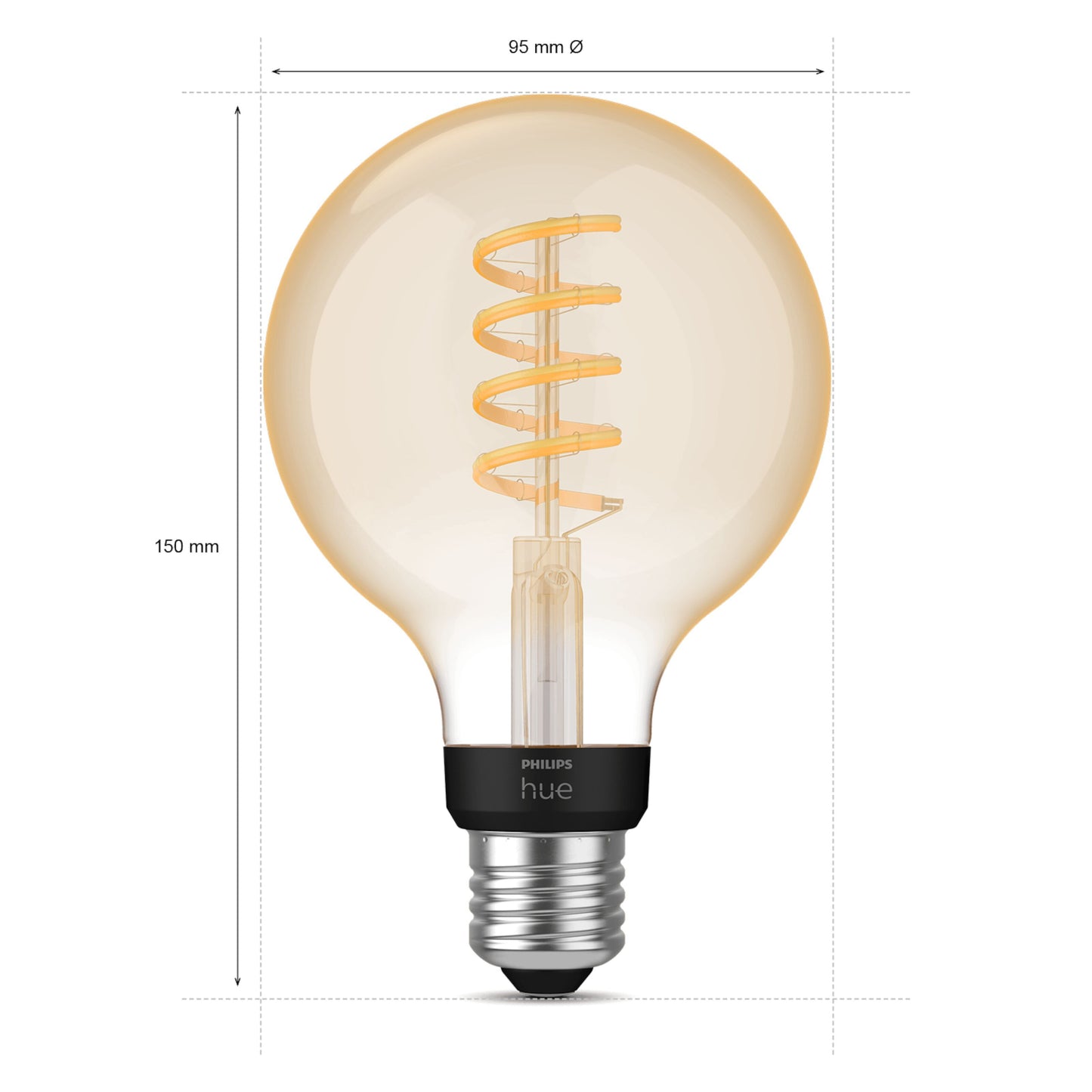 Philips Hue Filament G93 E27 Smart LED-pære 550 lm vises med målelinjer.