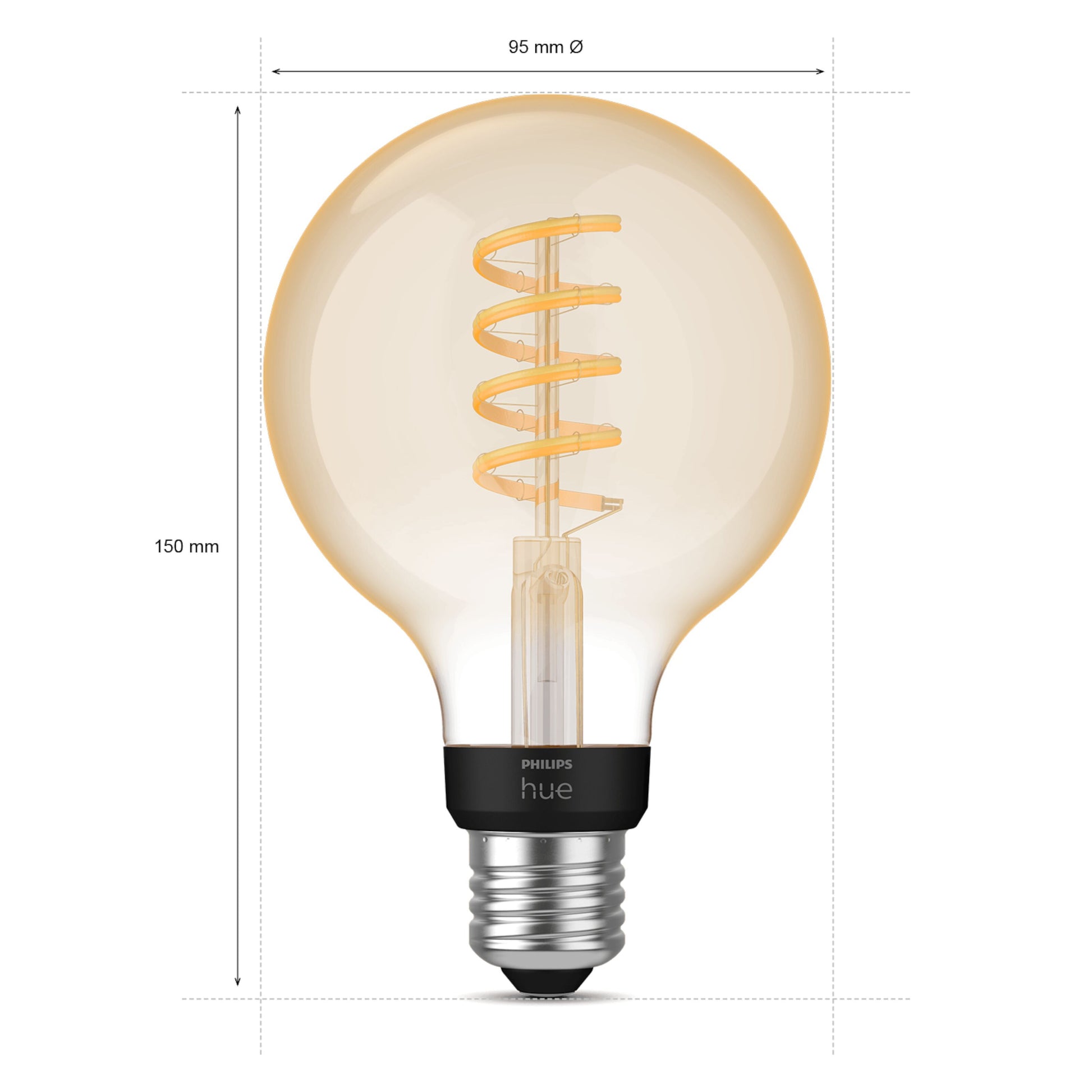 Philips Hue Filament G93 E27 Smart LED-pære 550 lm vises med målelinjer.