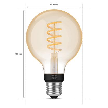 Philips Hue Filament G93 E27 Smart LED-pære 550 lm vises med målelinjer.