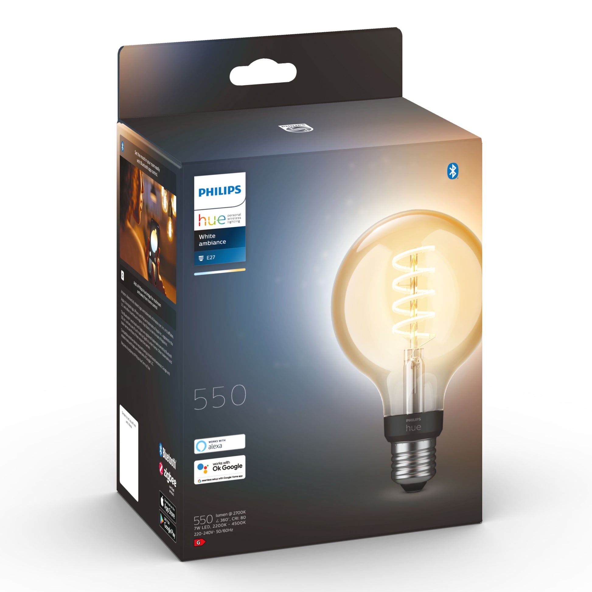 Philips Hue Filament G93 E27 smart LED-pære 550 lm klar, kompatibel med Bluetooth, Google Assistant og Amazon Alexa.