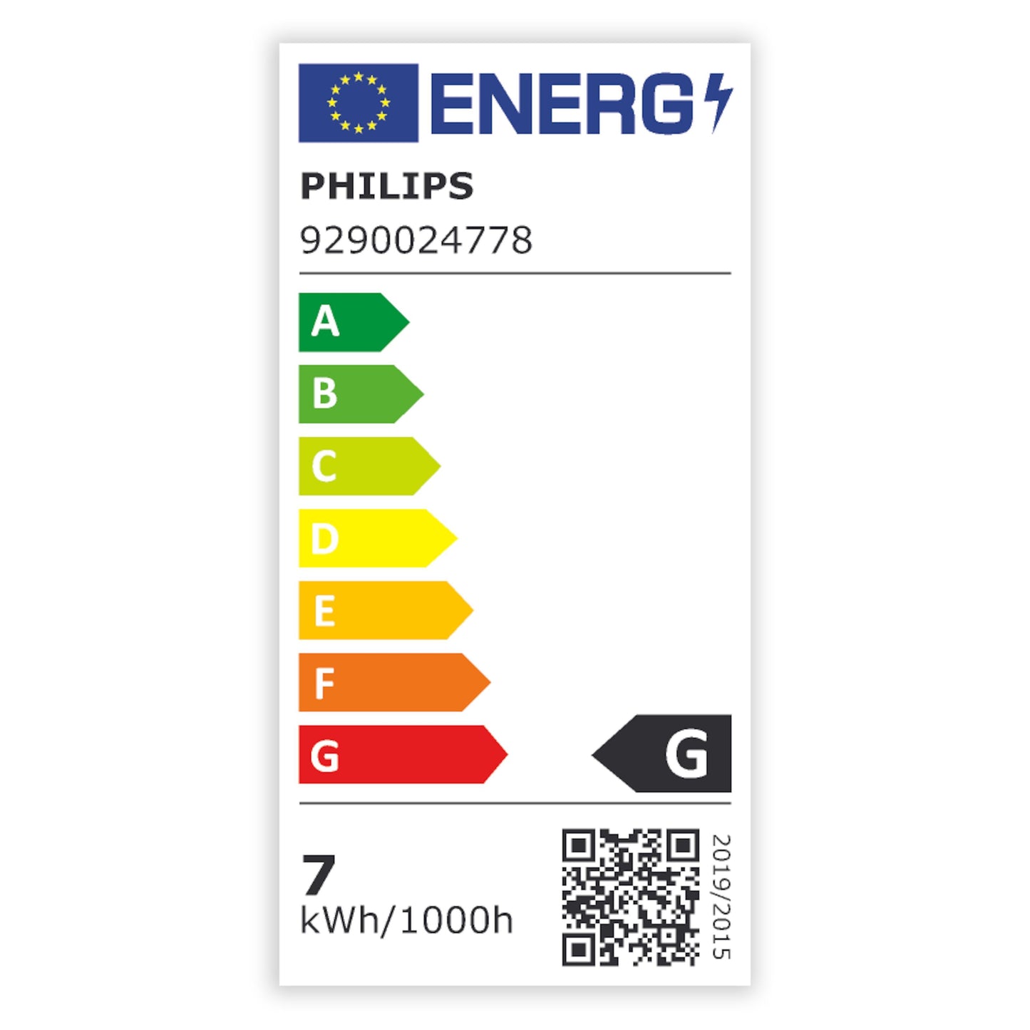 Philips Hue Filament G93 E27 Smart LED-pære 550 lm, energimærke G, 7 kWh/1000h, label med QR-kode og EU-flag.