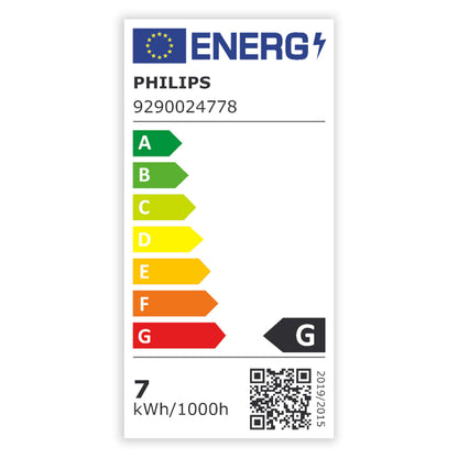 Philips Hue Filament G93 E27 Smart LED-pære 550 lm, energimærke G, 7 kWh/1000h, label med QR-kode og EU-flag.