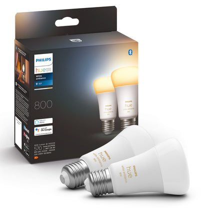 Philips Hue white ambience E27 Smart LED-pærer 800 lm 2-pak foran æske, varm hvid glød, pakning viser produktinfo.