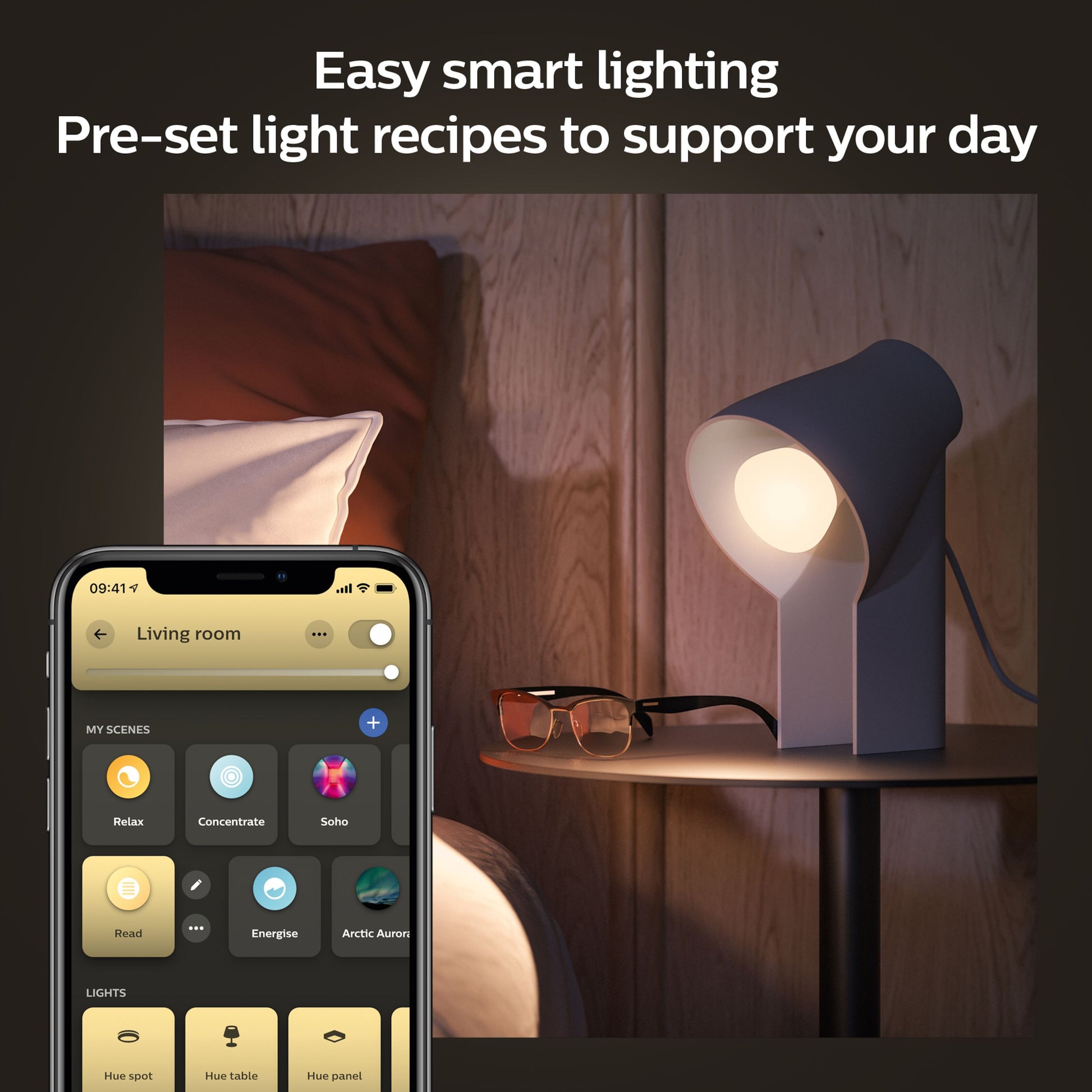 Philips Hue White Ambiance E27 Smart LED-pære 800 lm på natbord, brille og mobil med lysindstillinger, tekst: 2-pak.